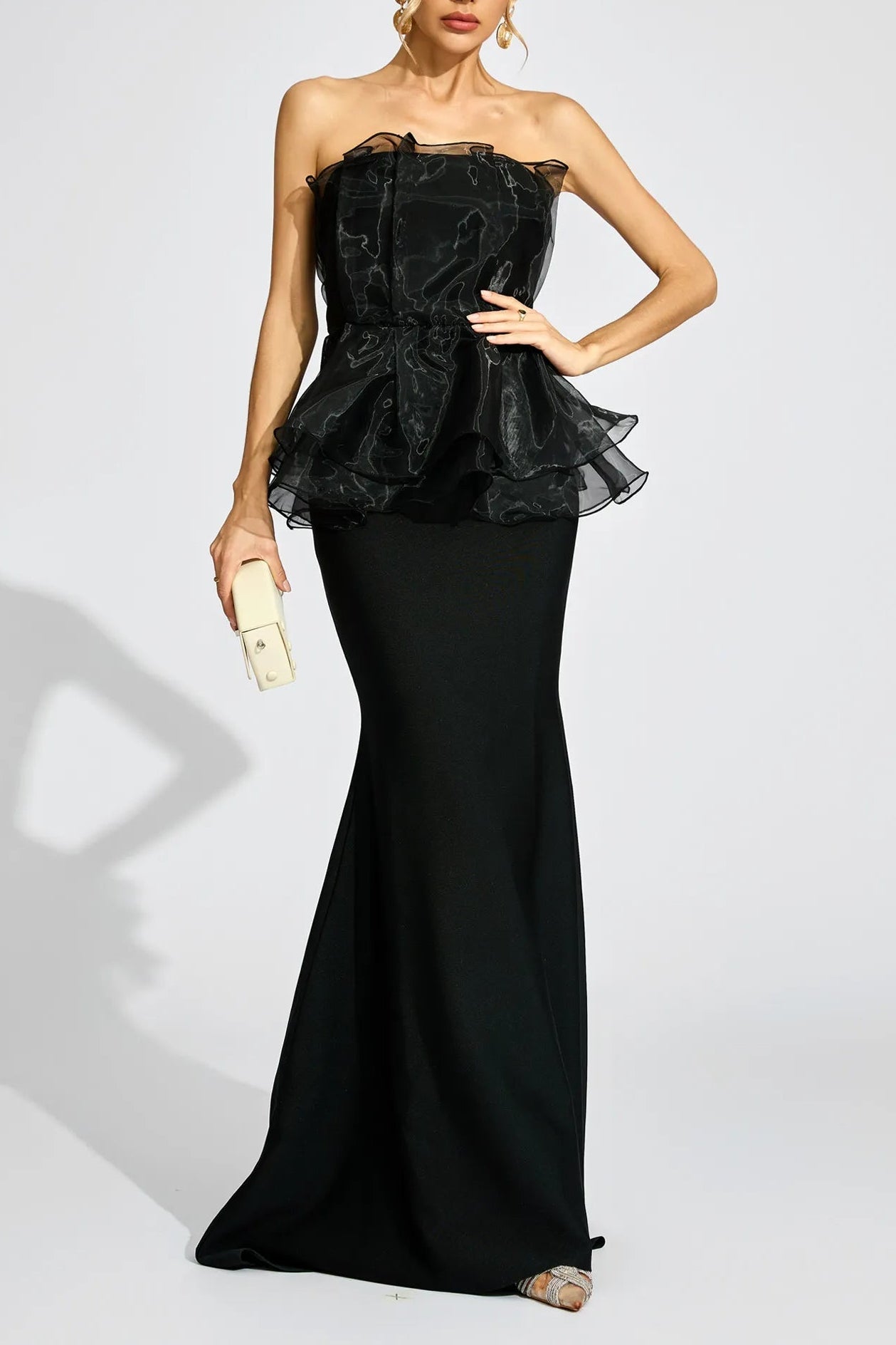 lorraine Black Peplum strapless maxi Dress – OH CICI