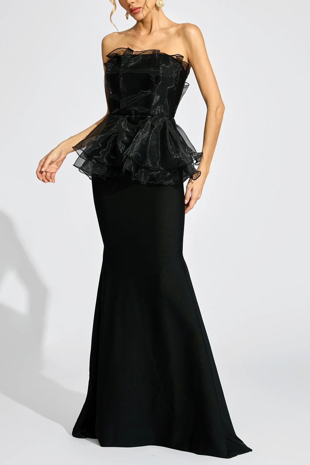 lorraine Black Peplum strapless maxi Dress – OH CICI